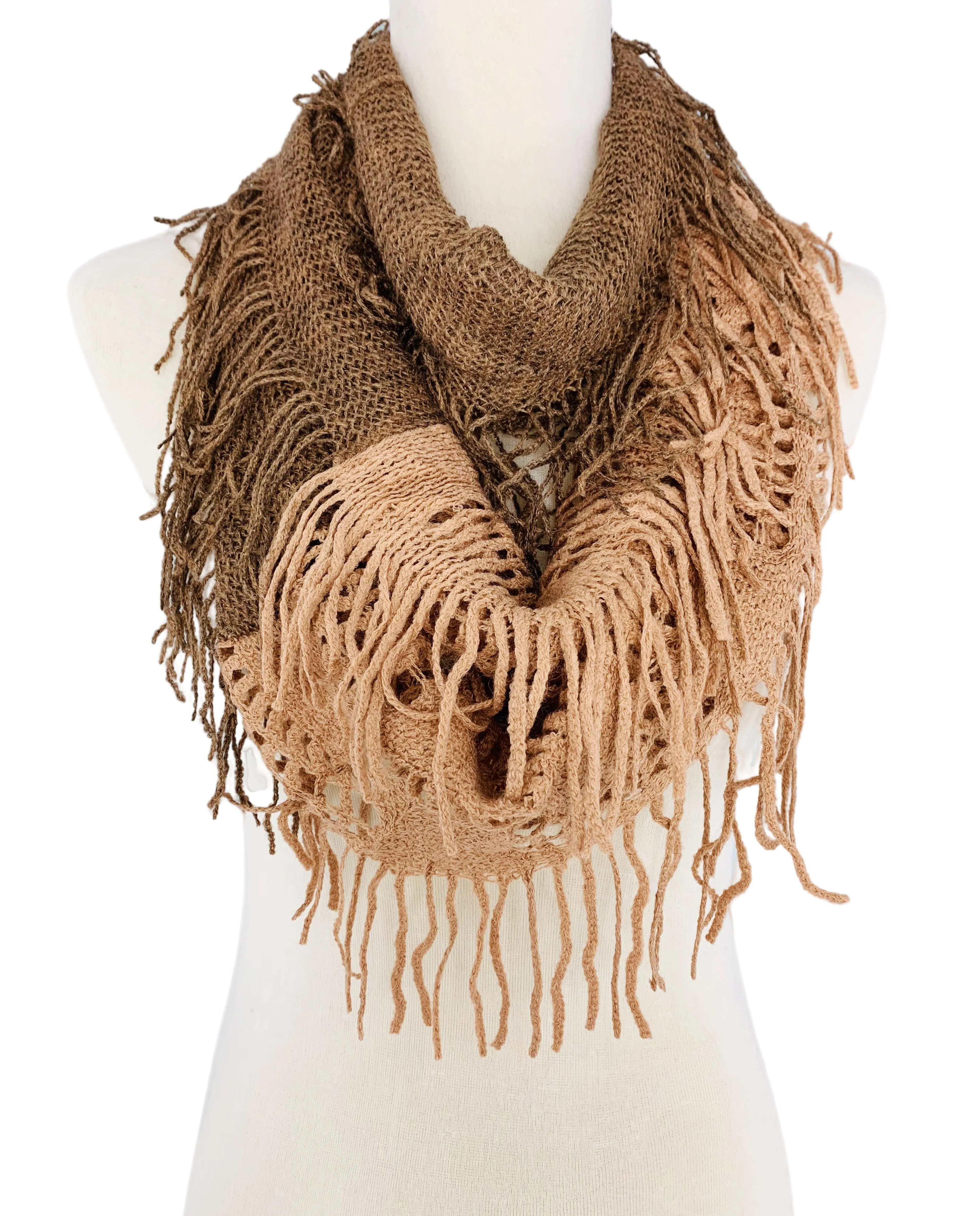 HY-IFZZ Two-Tone Fringe-Detailed Circle Infinity Scarf