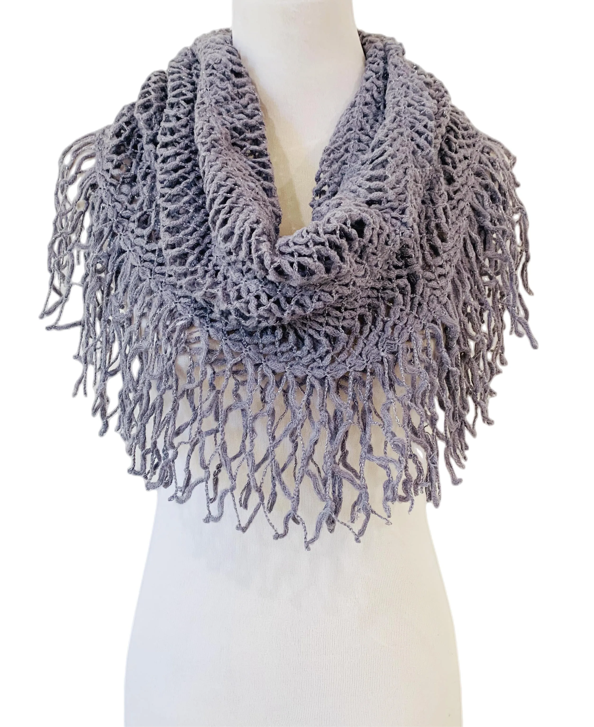 JC011813 Knitted Metallic Fringe Infinity Scarf