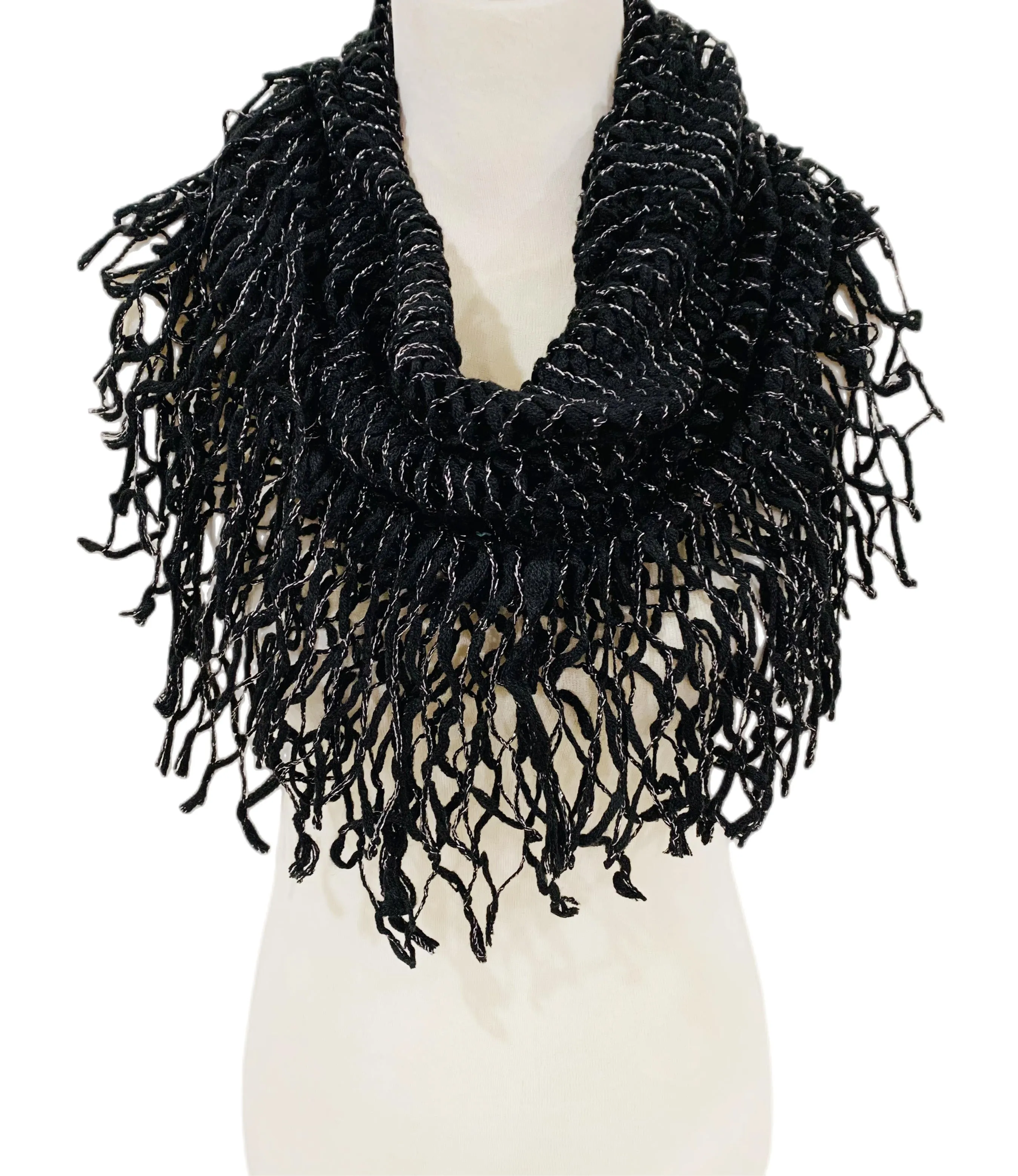 JC011813 Knitted Metallic Fringe Infinity Scarf