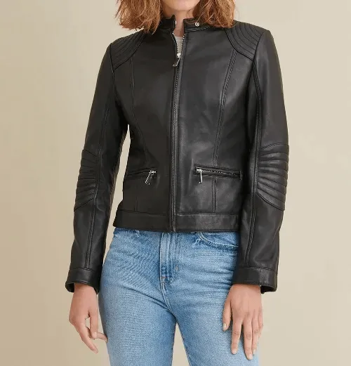 Ladies Leather Jacket with Quilted Shoulder