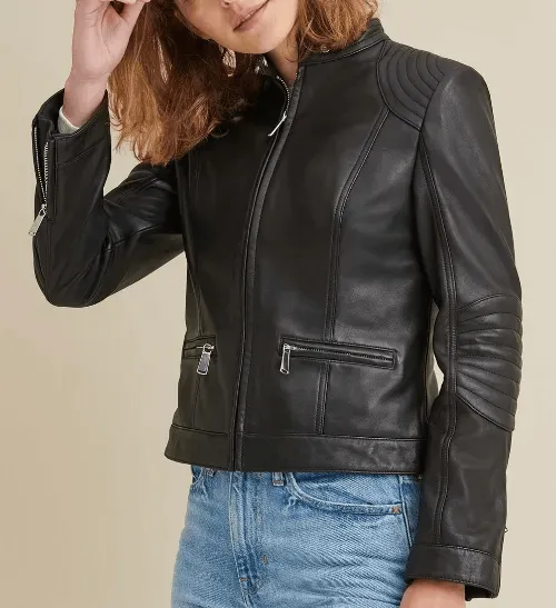 Ladies Leather Jacket with Quilted Shoulder