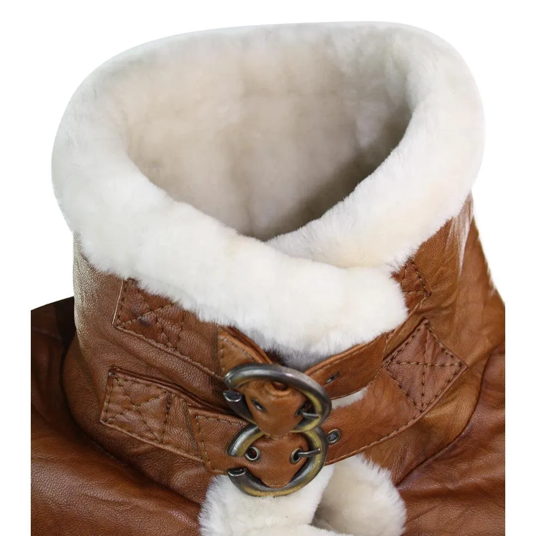 Ladies Women Real Shearling Sheepskin Aviator Tan Brown Leather Jacket