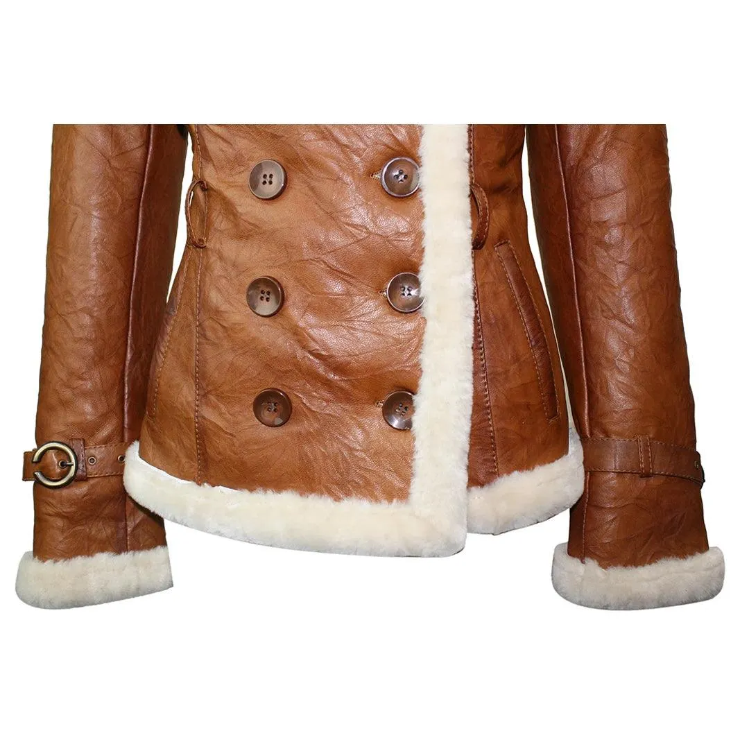 Ladies Women Real Shearling Sheepskin Aviator Tan Brown Leather Jacket