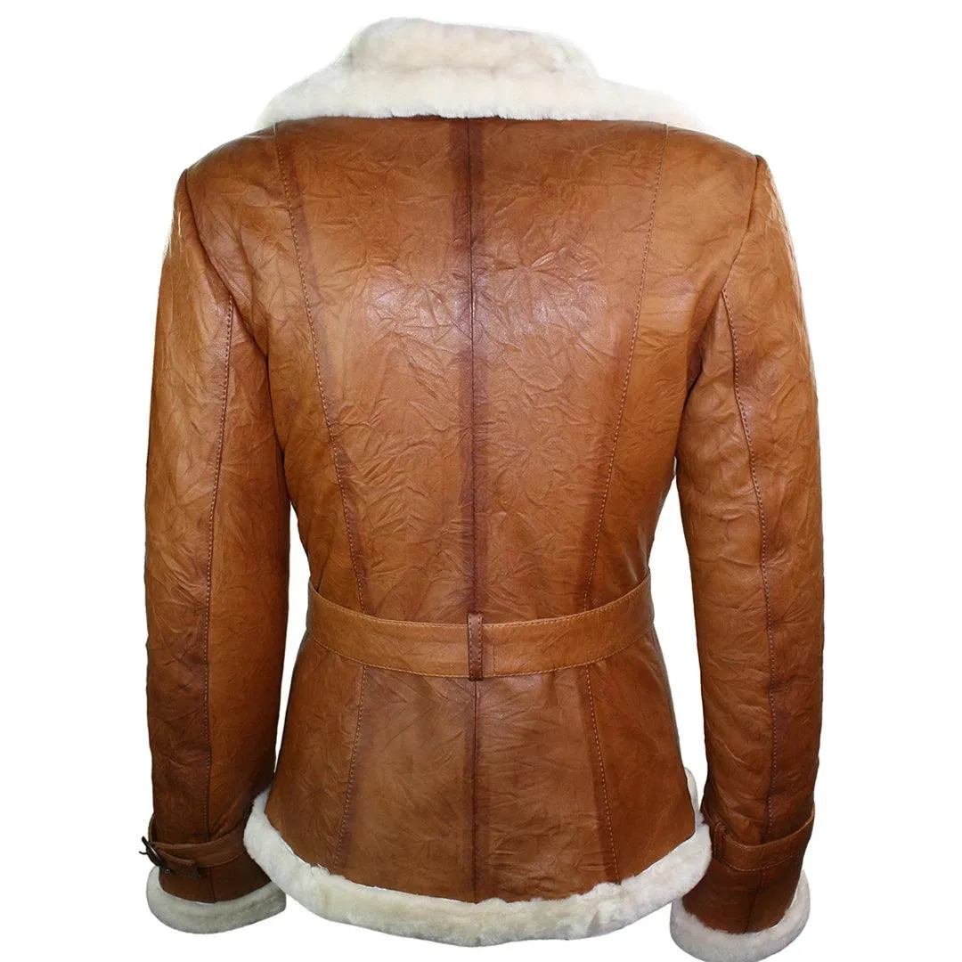 Ladies Women Real Shearling Sheepskin Aviator Tan Brown Leather Jacket