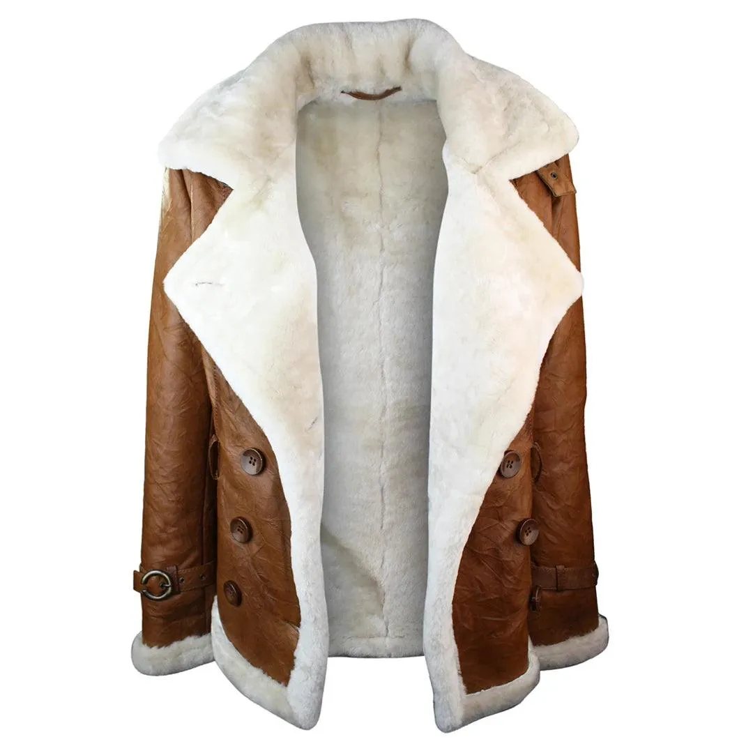 Ladies Women Real Shearling Sheepskin Aviator Tan Brown Leather Jacket