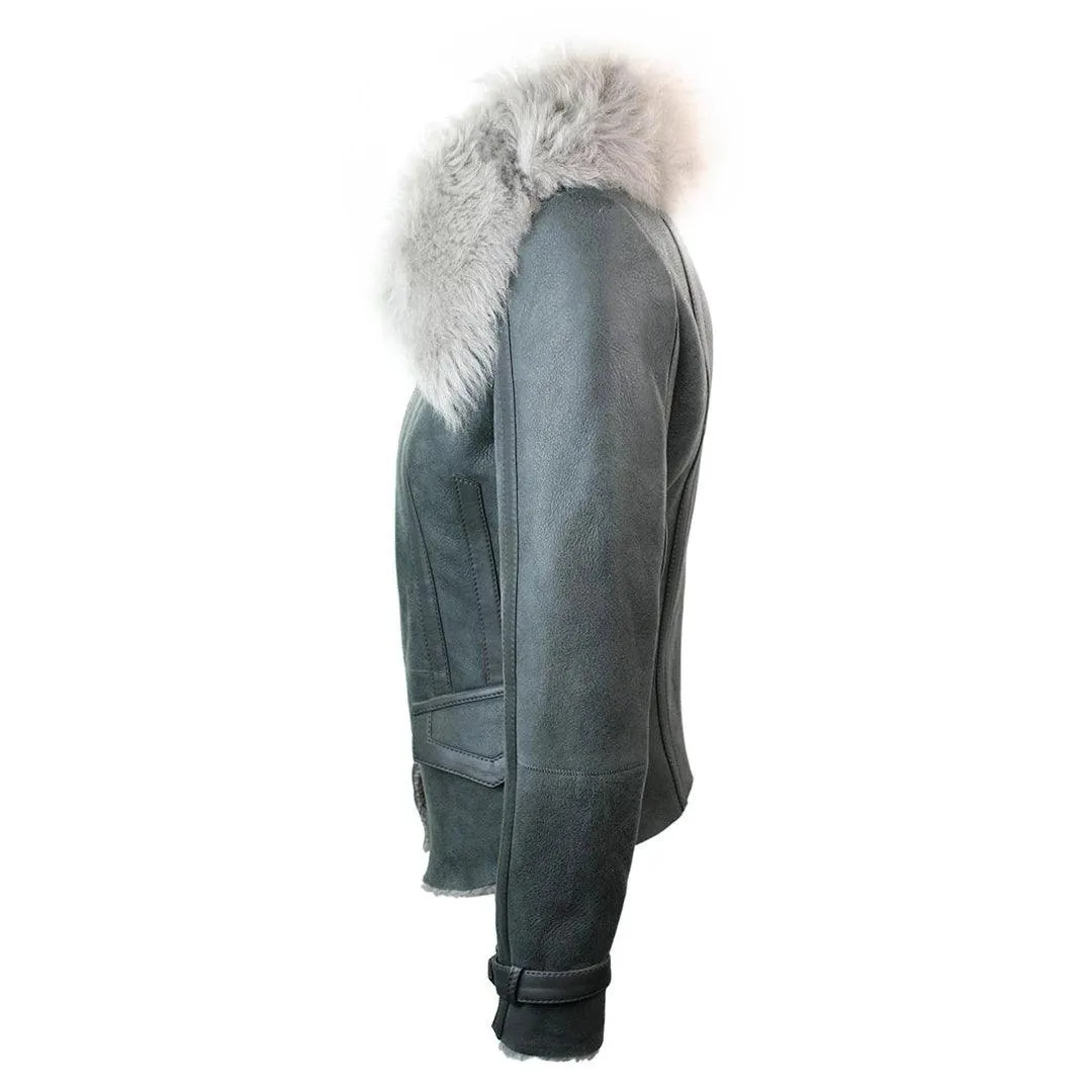 Ladies Women Short Biker Style Real Shearling Sheepskin Aviator Flying Leather Jacket Grey