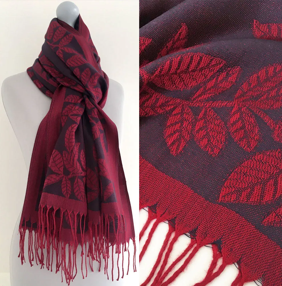 LARGE PURPLE BERRY LEAF PRINT REVERSIBLE PASHMINA SHAWL SCARF