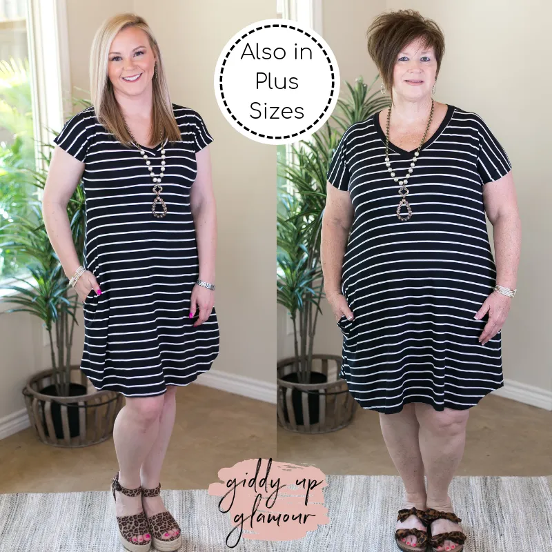 Last Chance Size Small | Beyond Reason Stripe Tee Shirt Dress in Black