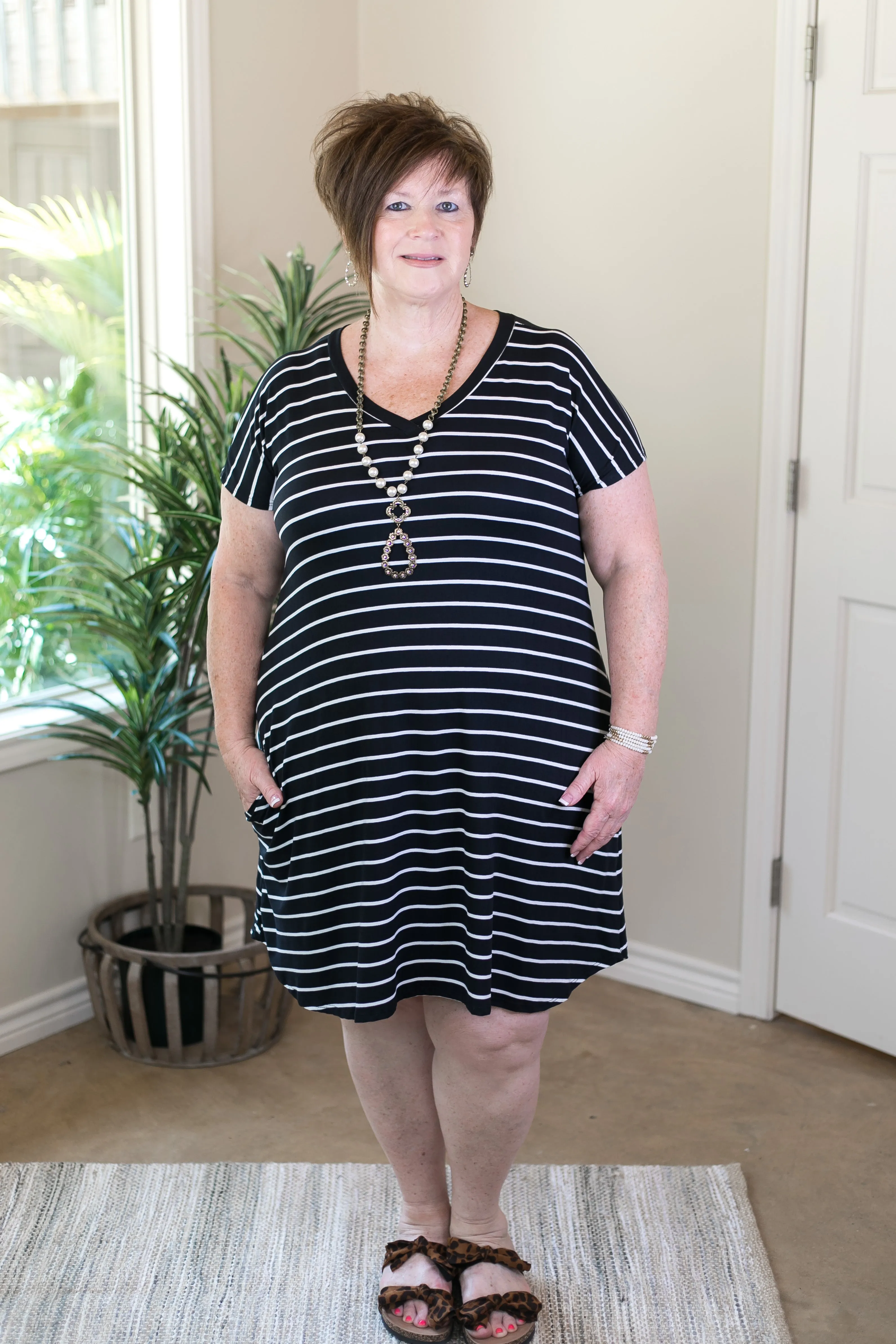 Last Chance Size Small | Beyond Reason Stripe Tee Shirt Dress in Black