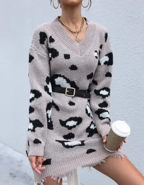 Leopard V Neck Loose Thin Long Sleeve Knit Sweater Dresses