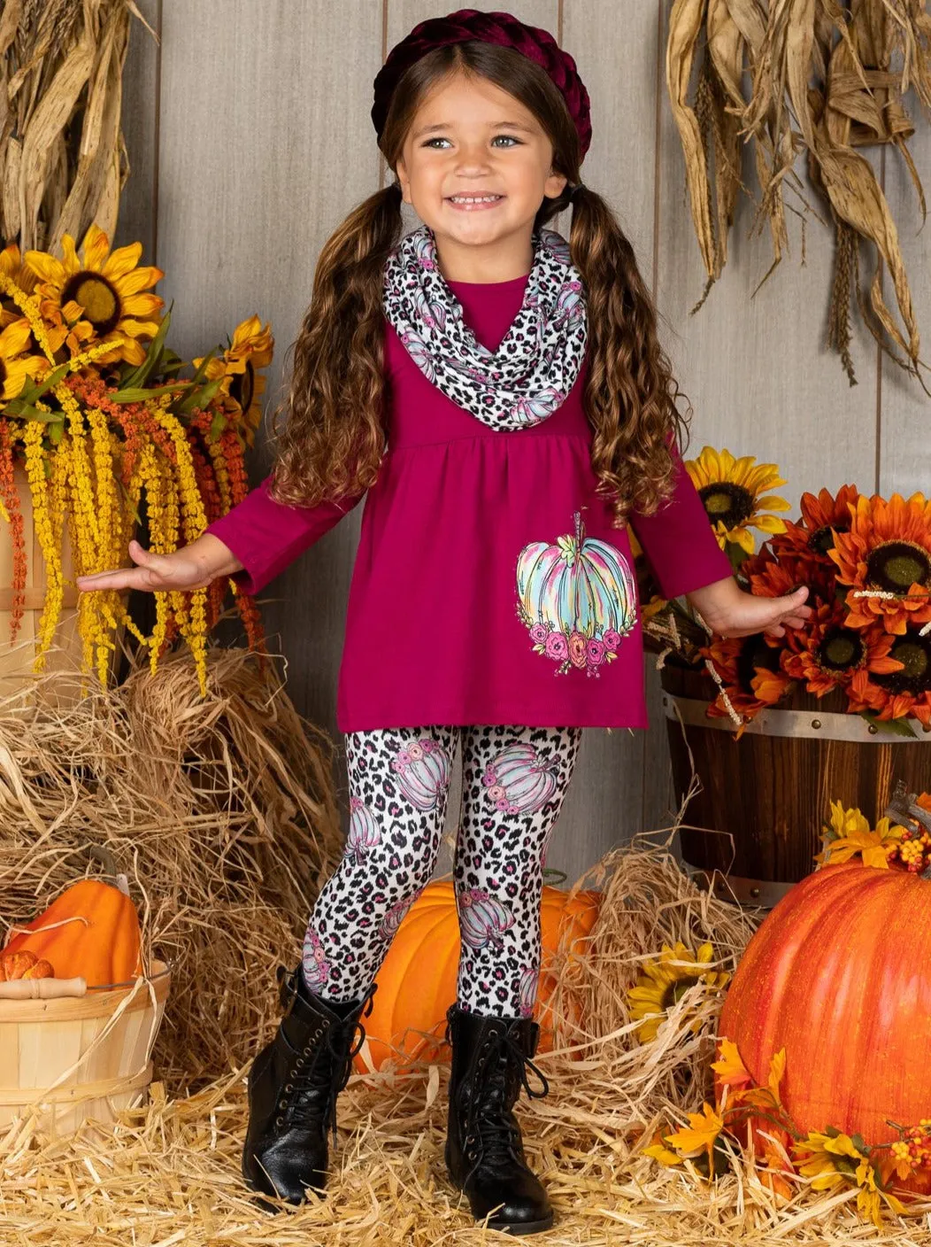 Leopardlicious Pumpkin Tunic, Leggings and Scarf Set