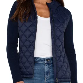 LIVERPOOL Quilted Front Full Zip Hooded Sweater in Navy