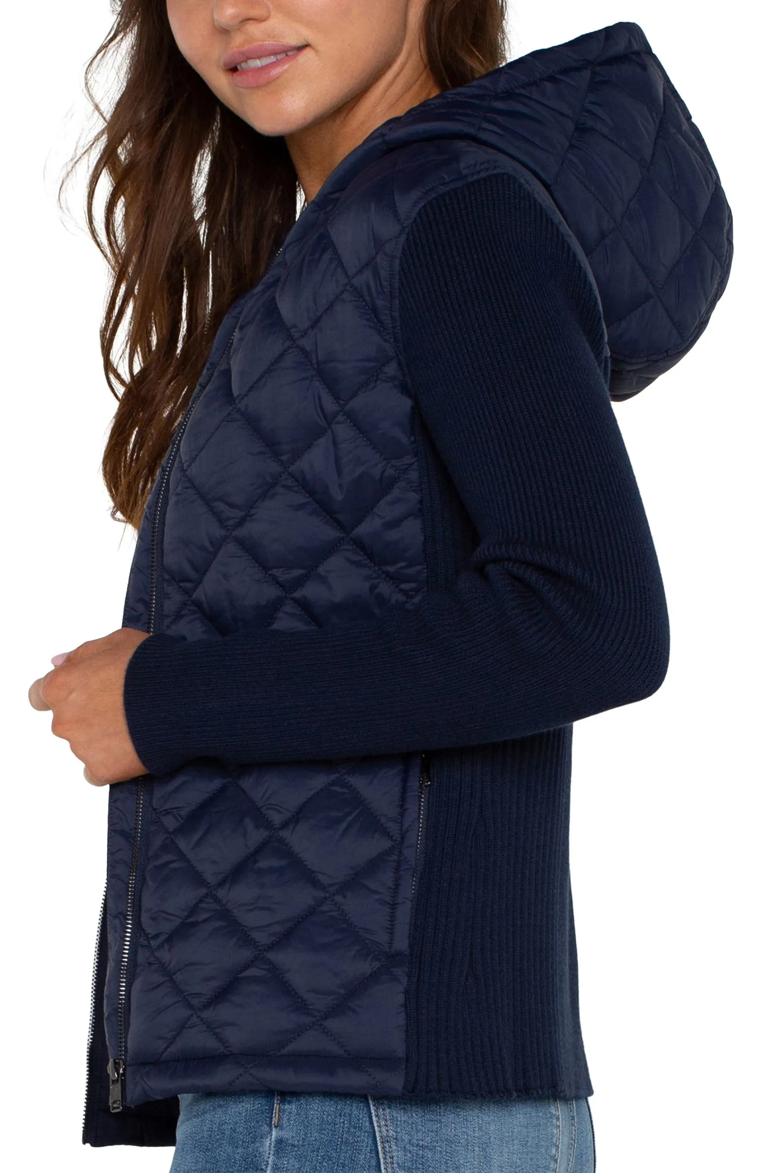 LIVERPOOL Quilted Front Full Zip Hooded Sweater in Navy