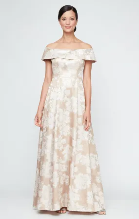 Long Printed Jacquard Off the Shoulder Ballgown