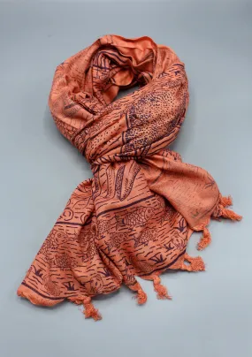 Mandala Printed Pure Cotton Orange Shawl with Furka