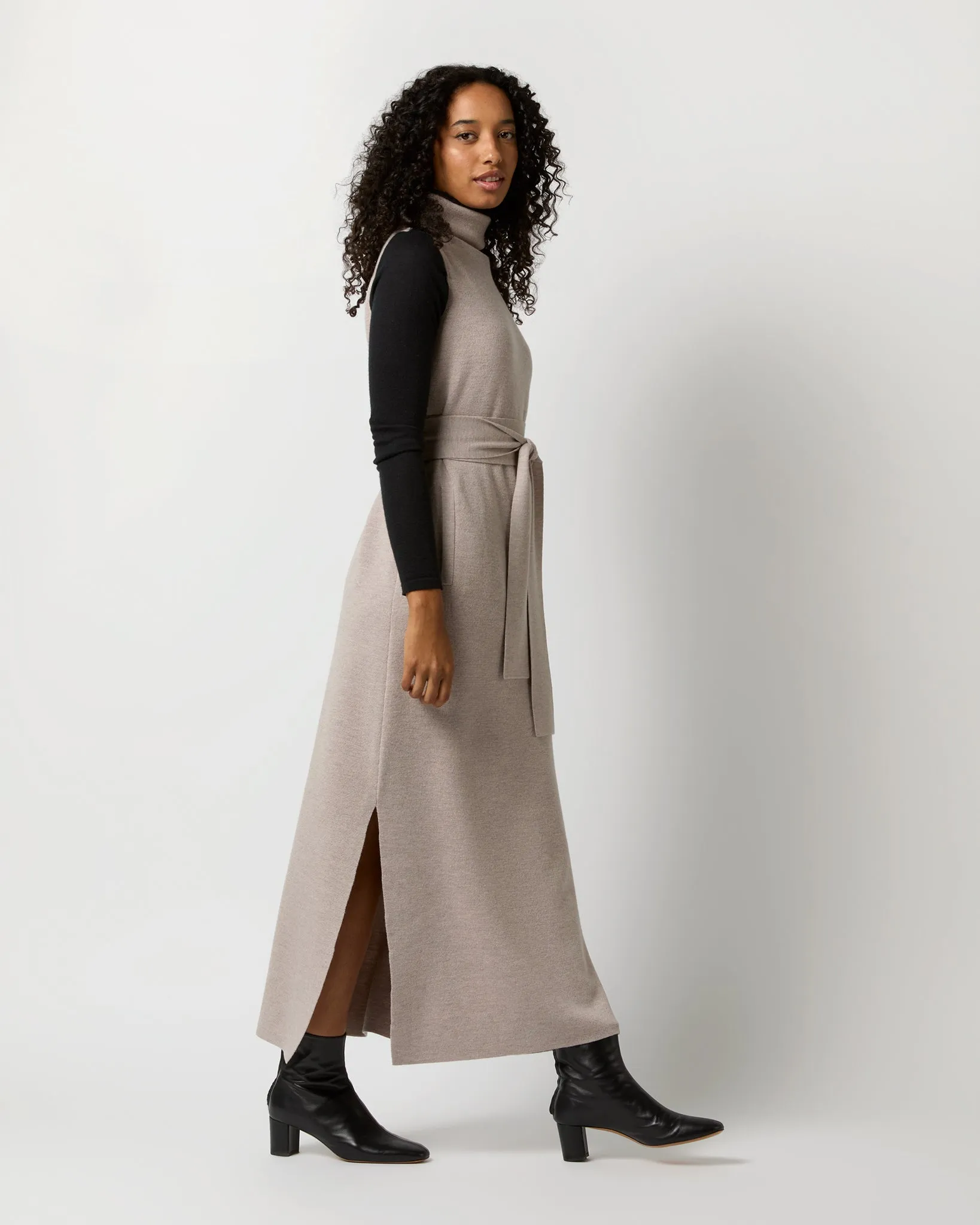 Maya Funnel-Neck Dress in Heather Stone Extra Fine Merino Wool