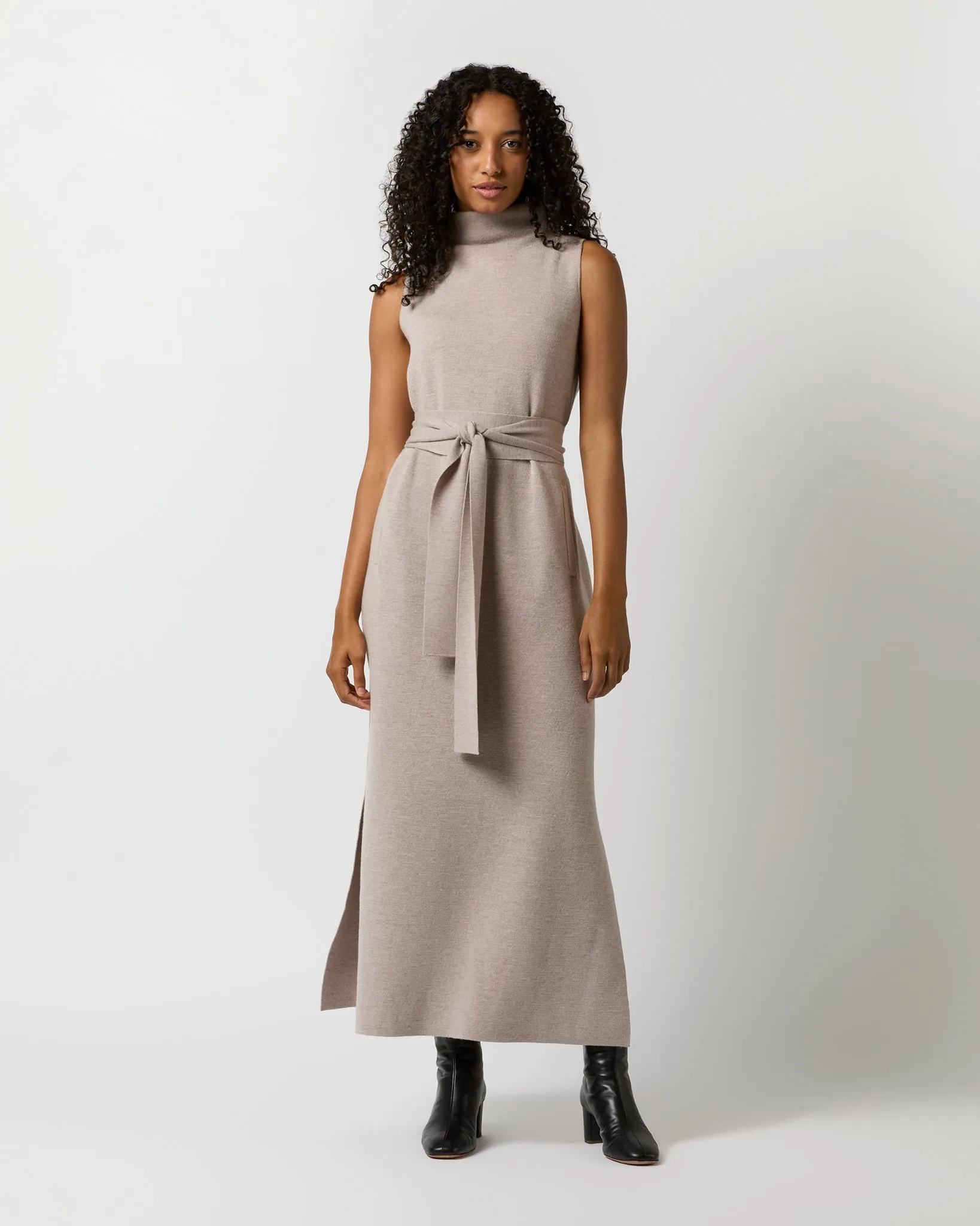 Maya Funnel-Neck Dress in Heather Stone Extra Fine Merino Wool