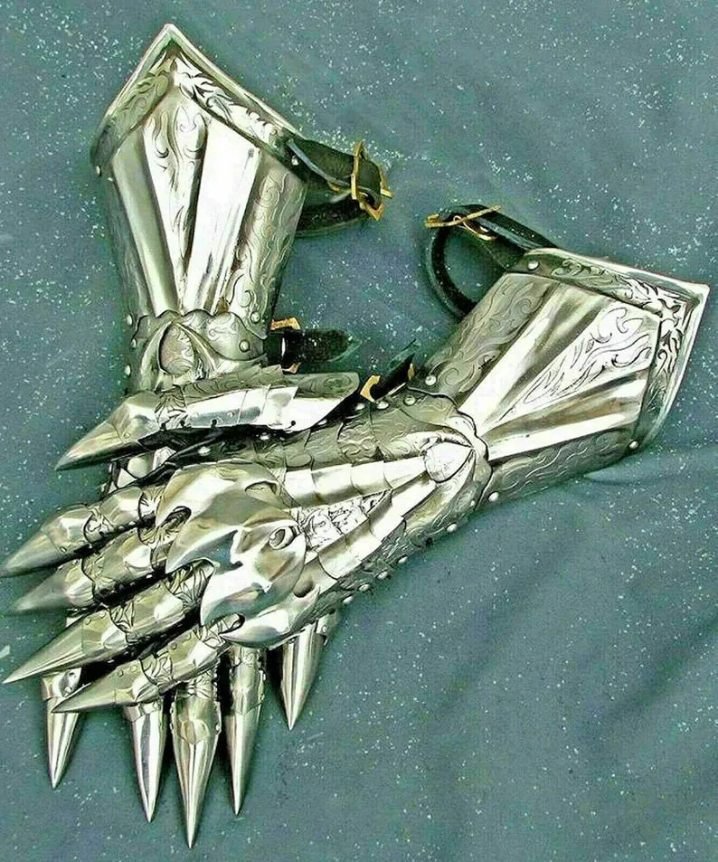 Medieval Gauntlet Gloves Pair Brass Accents Knight Crusader Armor Steel Gift