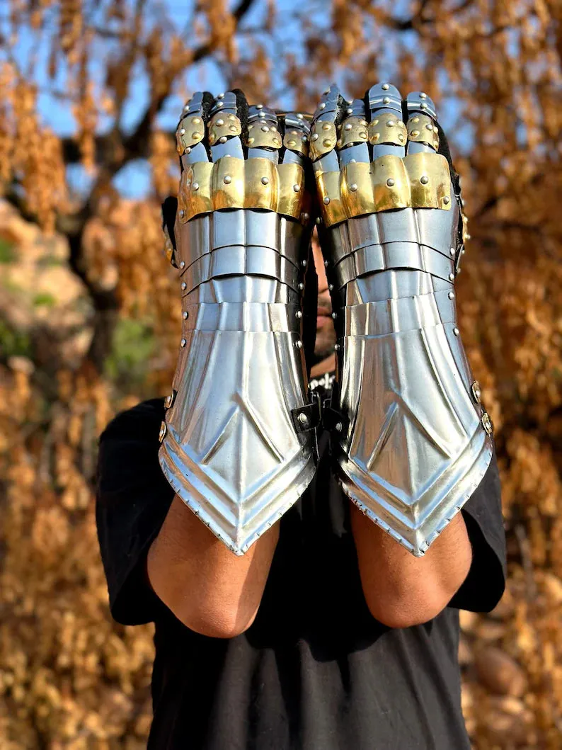 Medieval gloves set | Medieval steel & brass gauntlet gloves | Fully functional cosplay gloves | Halloween costume arms | Best gift