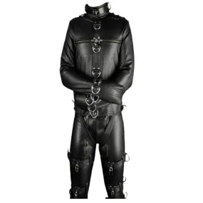 Mens Black Leather Bondage Fetish Wear Strait Jacket