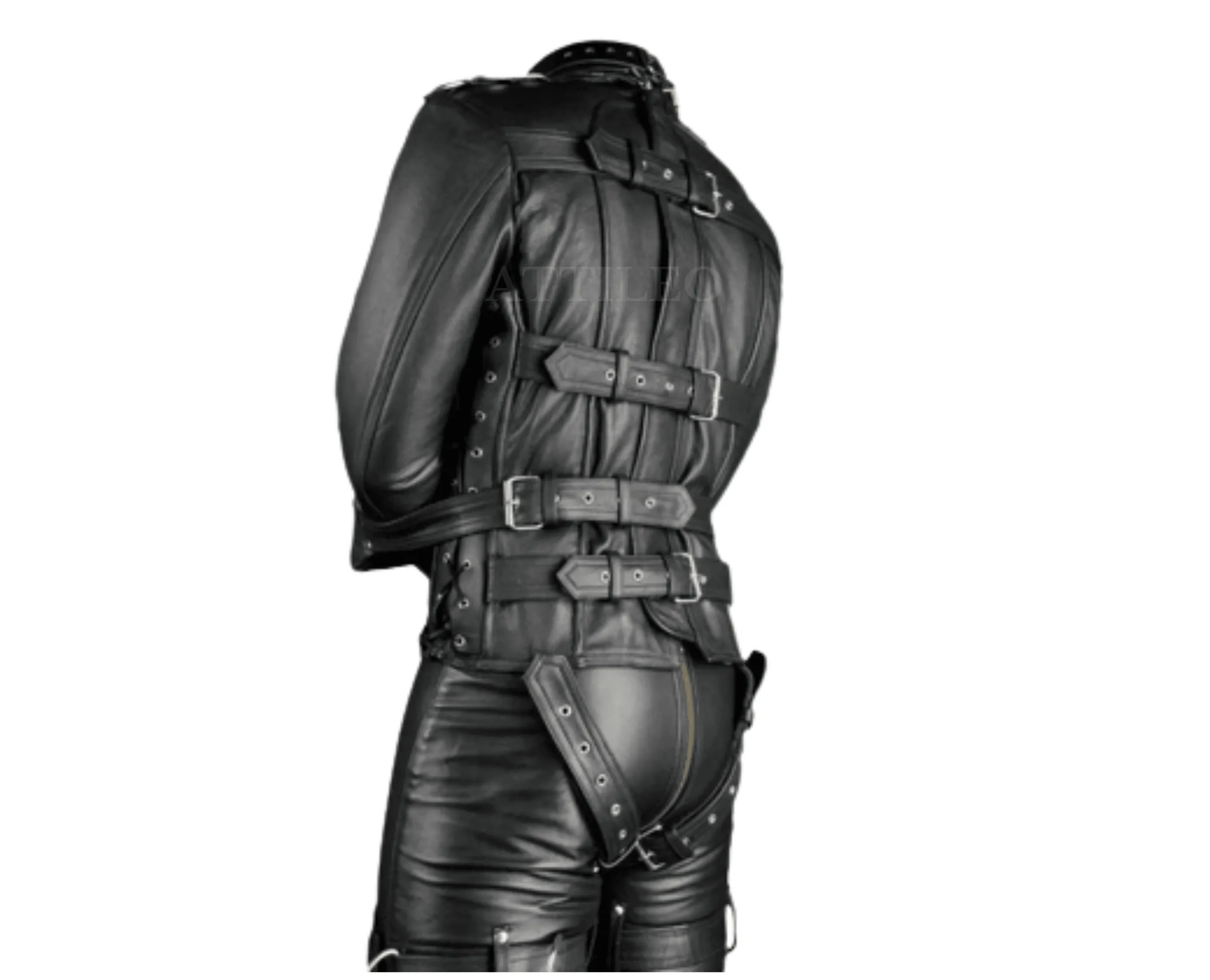 Mens Black Leather Bondage Fetish Wear Strait Jacket