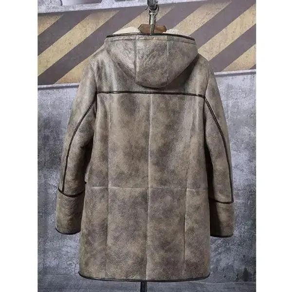 Men's Bomber Shearling Fur Hooded Winter Long Leather Jacket Trench Coat