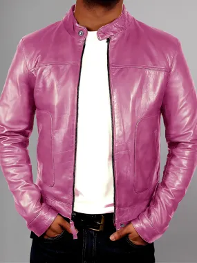 Mens Pink Biker Motorcycle Cafe Racer Jacket made with Genuine Sheepskin Leather