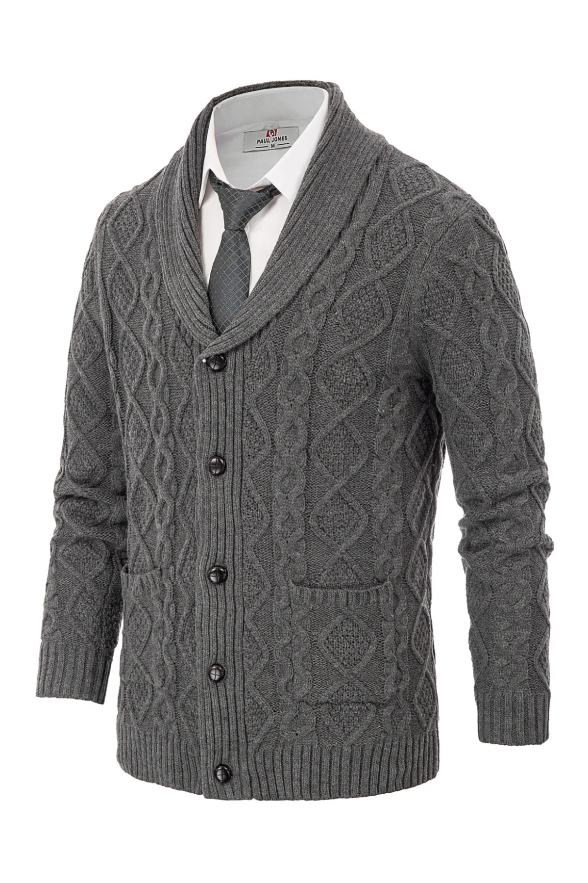 Men's Shawl Collar Cardigan Sweaters Cable Knitted Aran Sweater with Buttons