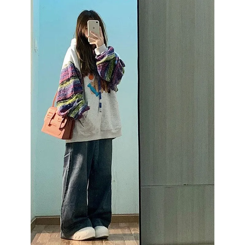 METAVERSMALL American cartoon puppy hooded sweater women's spring and autumn New new small lazy chic colored yarn splicing coat