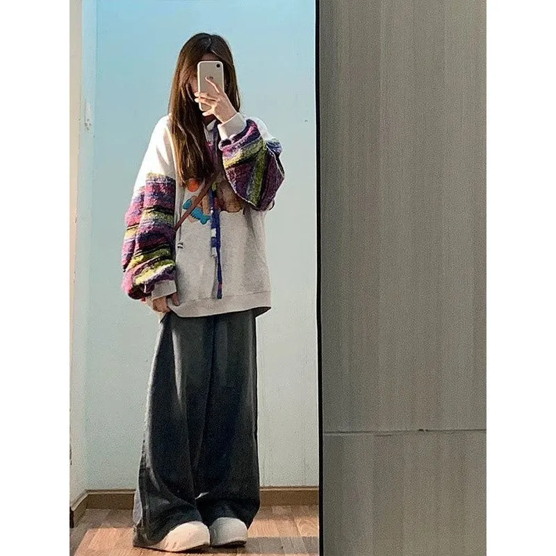 METAVERSMALL American cartoon puppy hooded sweater women's spring and autumn New new small lazy chic colored yarn splicing coat