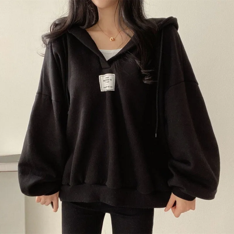 METAVERSMALL Korean version chic autumn and winter bf lazy wind bat sleeves loose versatile V-neck top pullover hooded sweater jacket women