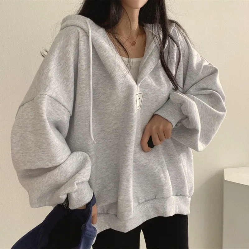 METAVERSMALL Korean version chic autumn and winter bf lazy wind bat sleeves loose versatile V-neck top pullover hooded sweater jacket women