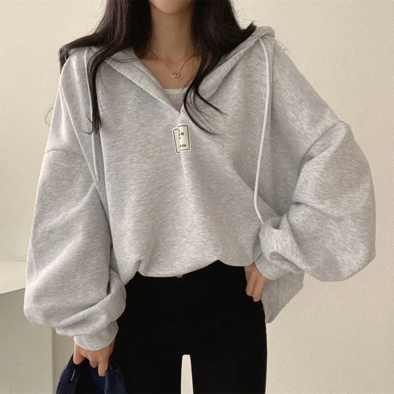 METAVERSMALL Korean version chic autumn and winter bf lazy wind bat sleeves loose versatile V-neck top pullover hooded sweater jacket women