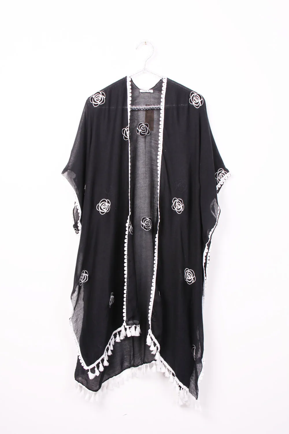 Midi Length Flower Embroidered Tassel Kimono Jacket Cover Up