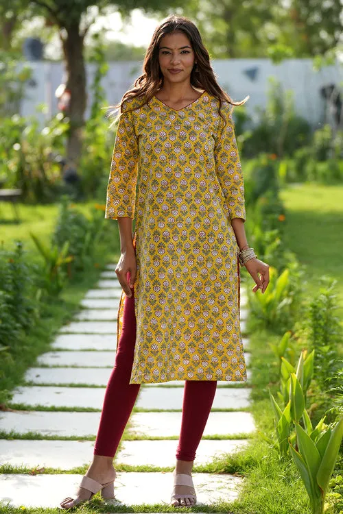 Mustard Garnet Handblock Printed Cotton Kurti