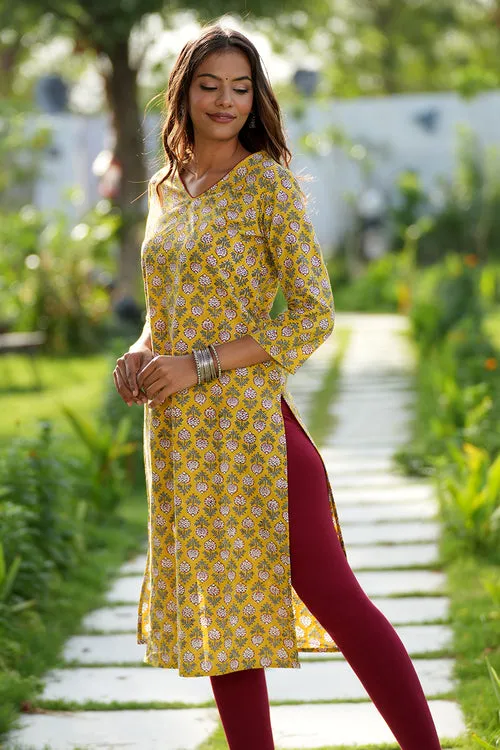 Mustard Garnet Handblock Printed Cotton Kurti