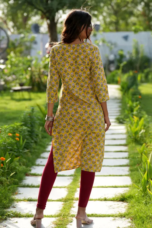 Mustard Garnet Handblock Printed Cotton Kurti