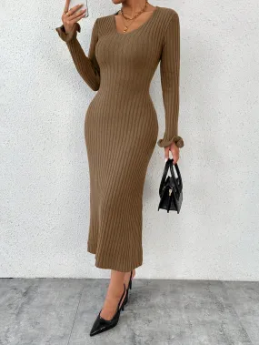 Parien V-Neck Ruffled Long Sleeve Sweater Dress