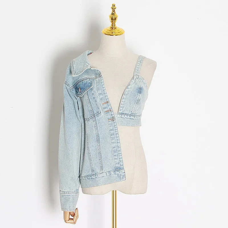 Patchwork Asymmetrical Denim Coat Women Long Sleeve Off Shoulder V Neck Sexy Denim Tops Female Fashion Autumn