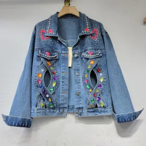 Patchwork Diamond Denim Coats For Women Lapel Long Sleeve Loose Hollow Out Hit Color Jacket Female Fashion Clothing