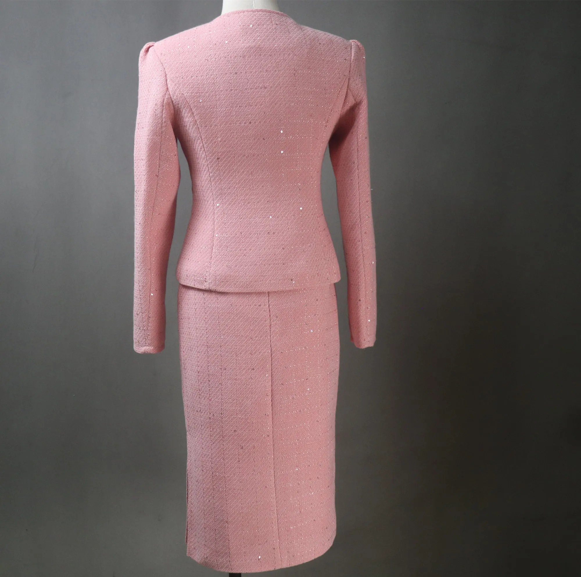 Pink Tweed Midi Skirt Suit with Sequins