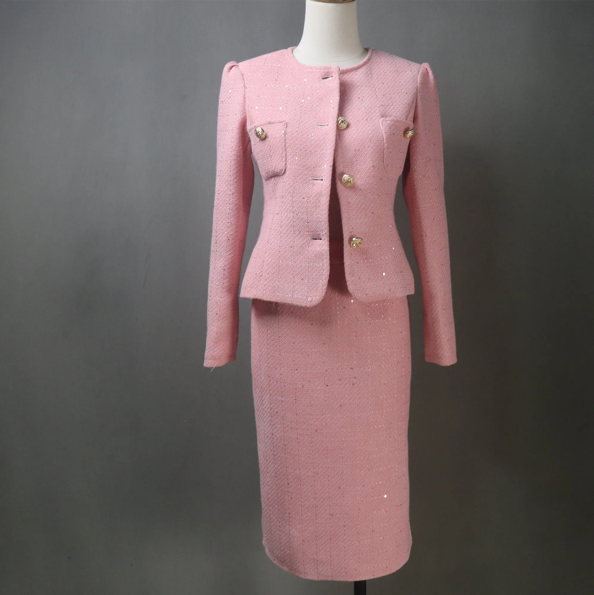 Pink Tweed Midi Skirt Suit with Sequins