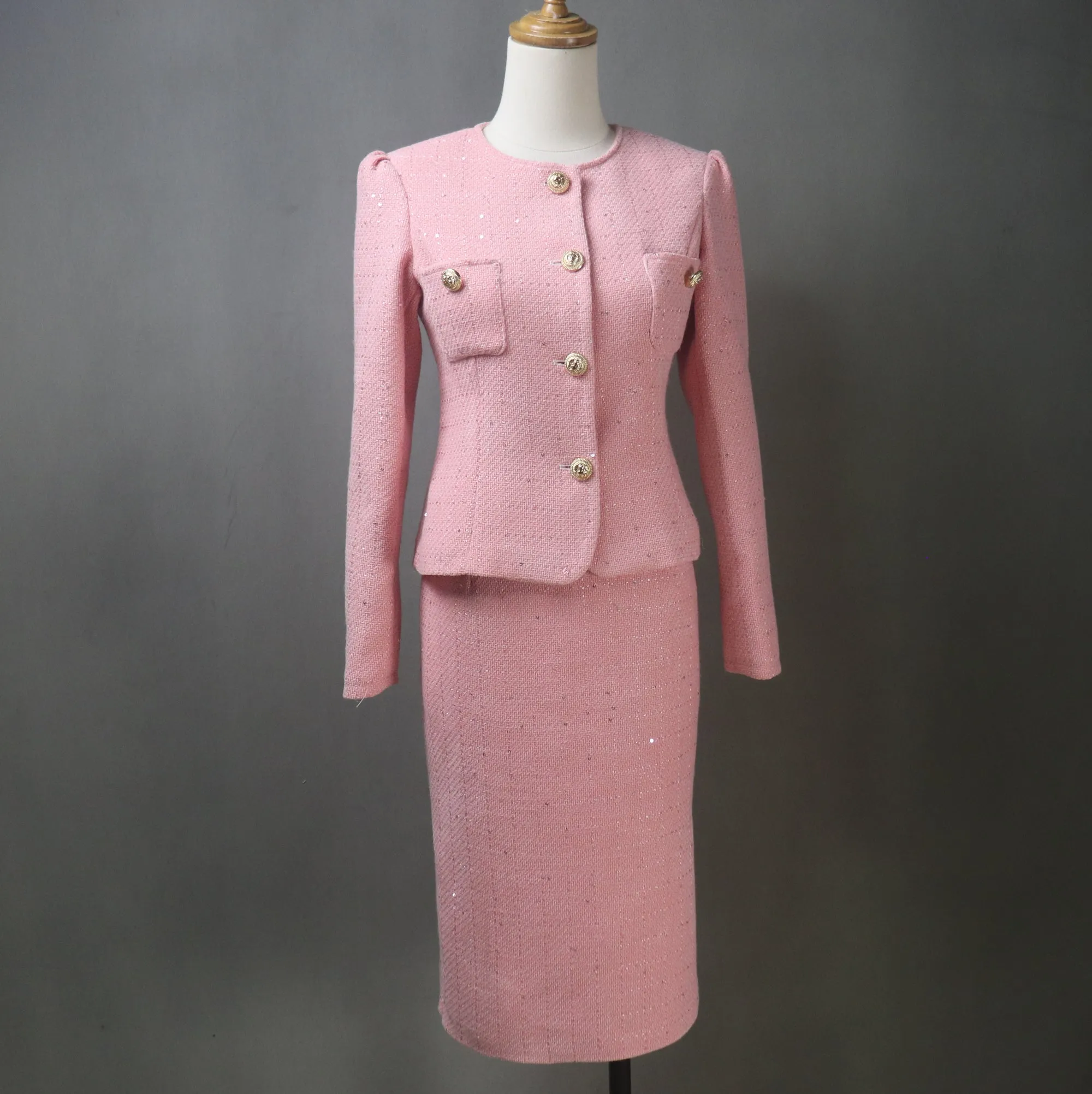 Pink Tweed Midi Skirt Suit with Sequins