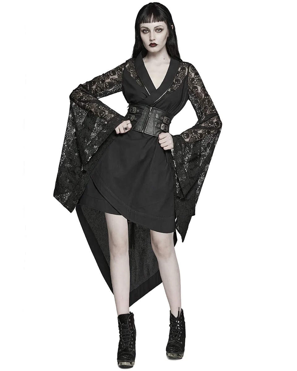 Punk Rave Womens Dark Gothic Skull Lace Belted Kimono Dress Jacket