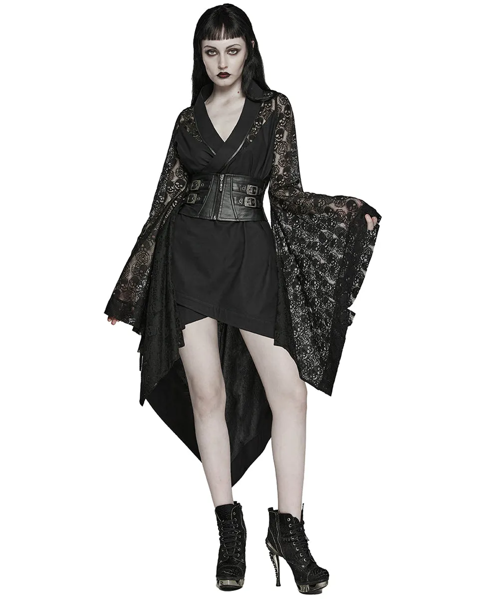 Punk Rave Womens Dark Gothic Skull Lace Belted Kimono Dress Jacket