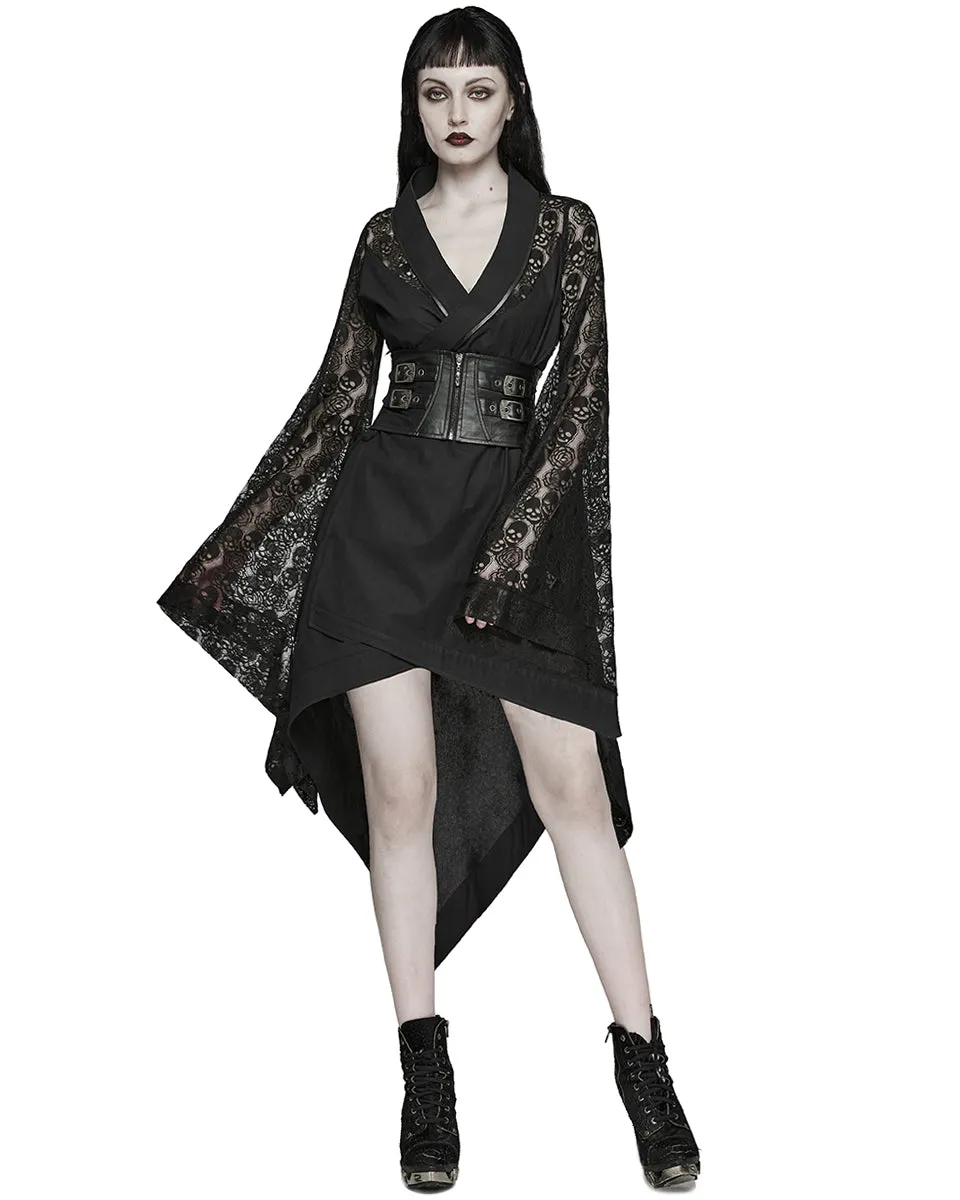 Punk Rave Womens Dark Gothic Skull Lace Belted Kimono Dress Jacket