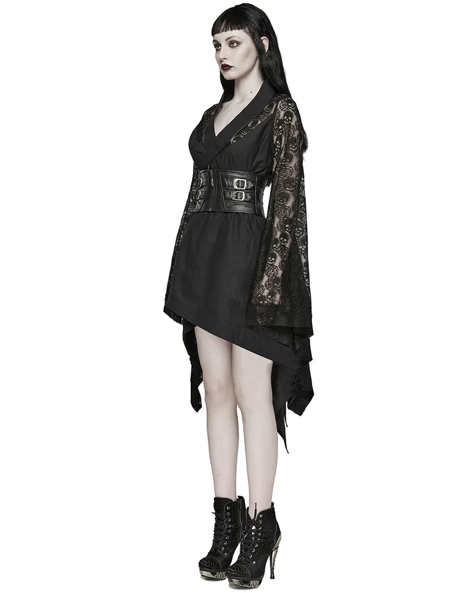 Punk Rave Womens Dark Gothic Skull Lace Belted Kimono Dress Jacket