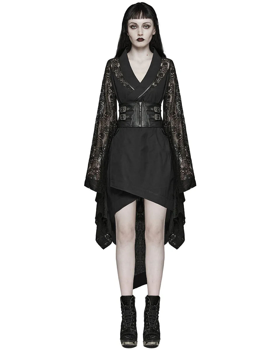 Punk Rave Womens Dark Gothic Skull Lace Belted Kimono Dress Jacket