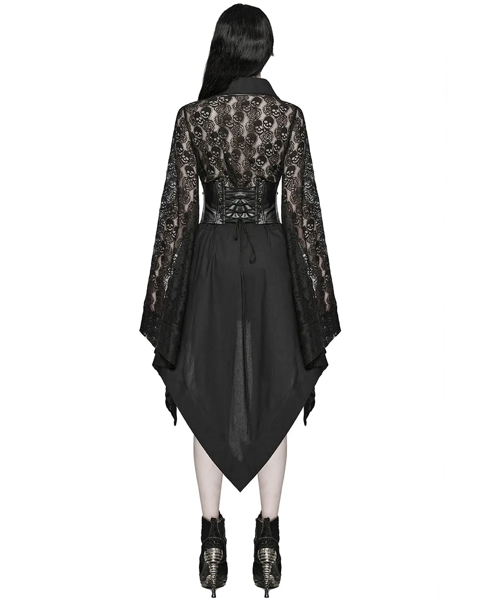 Punk Rave Womens Dark Gothic Skull Lace Belted Kimono Dress Jacket