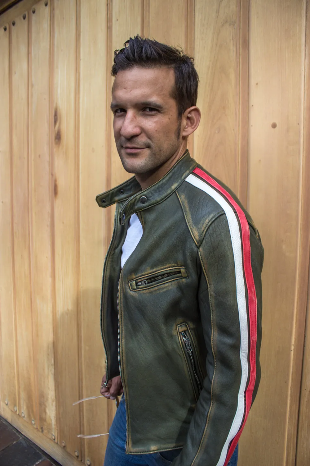 R80 AXE Leather Jacket - Washed Military Green w/ Stripes